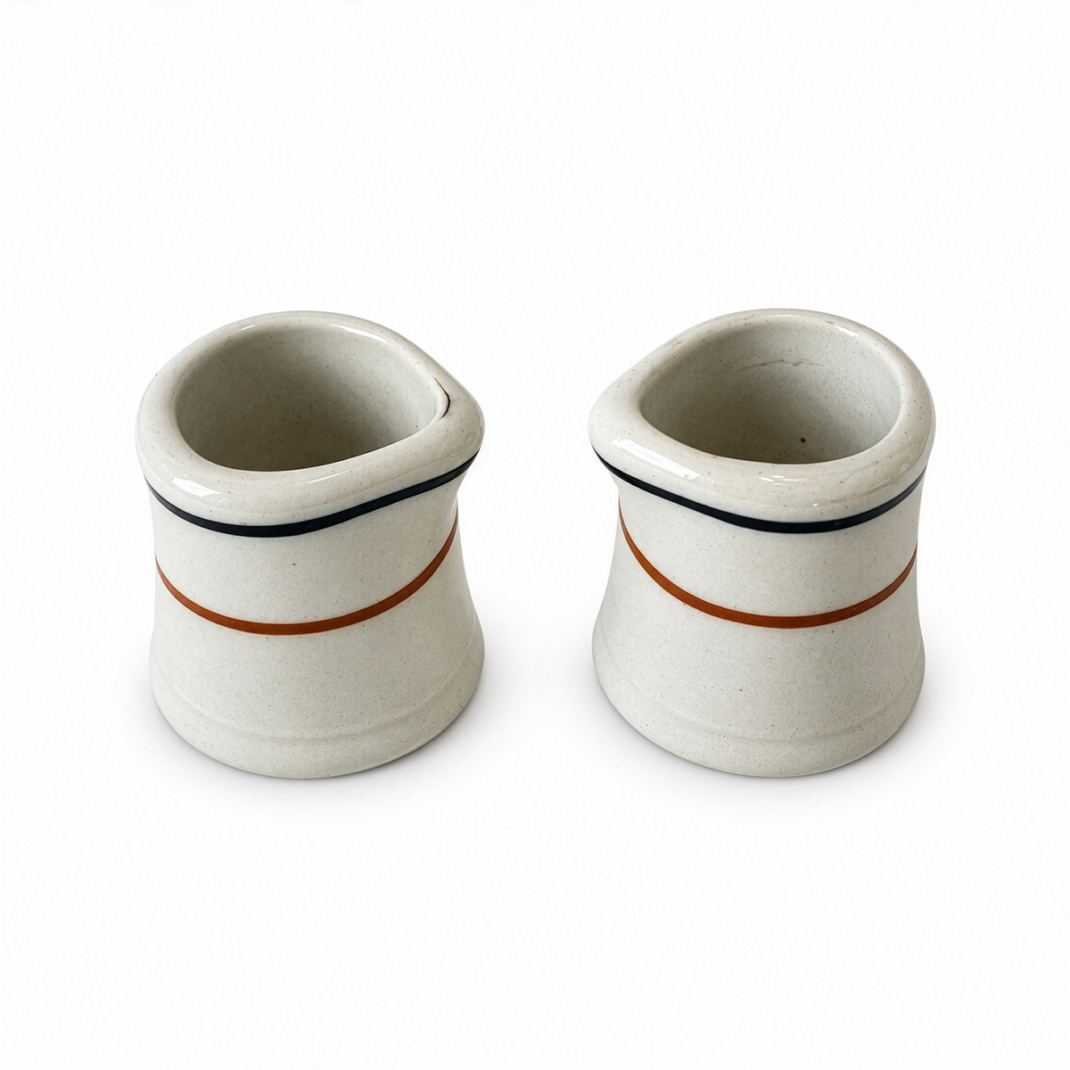 Ten White Handleless Restaurantware Creamers with Bands and Lines