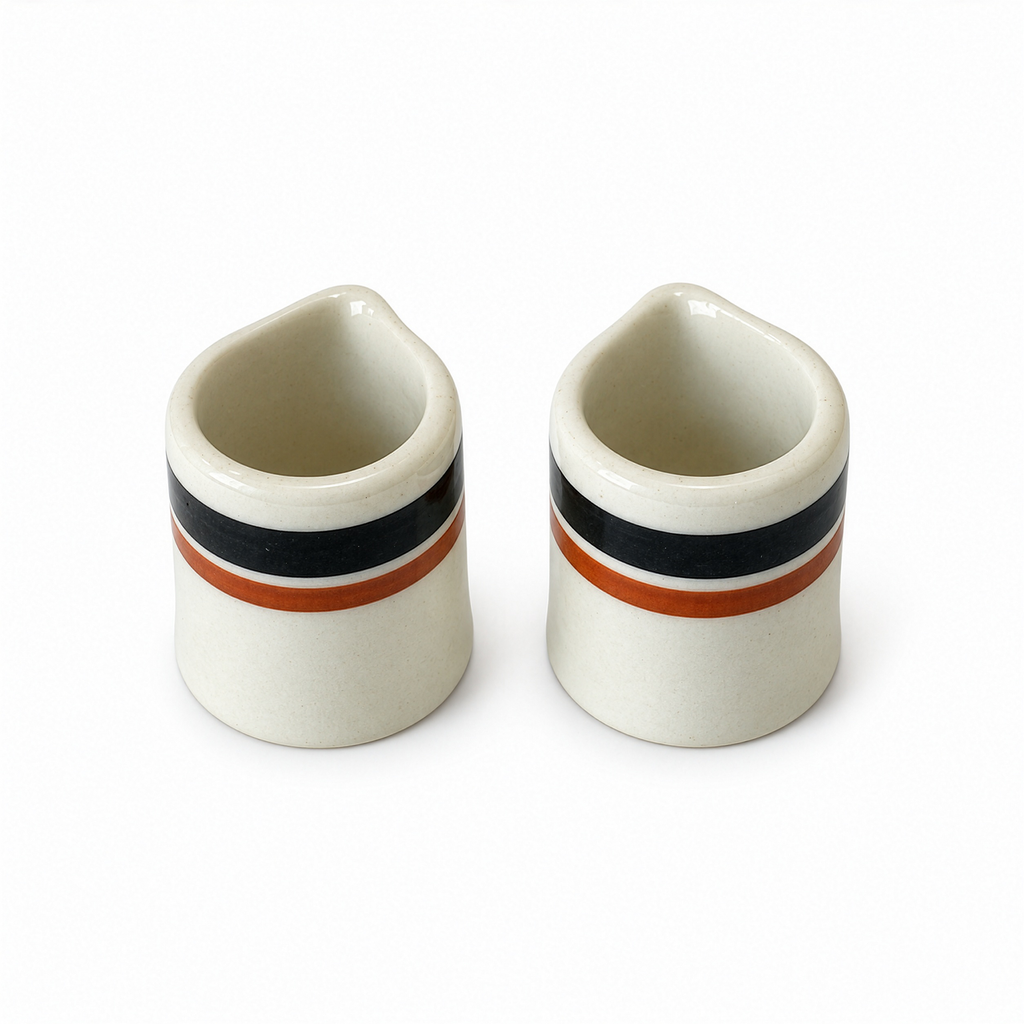 Ten White Handleless Restaurantware Creamers with Bands and Lines