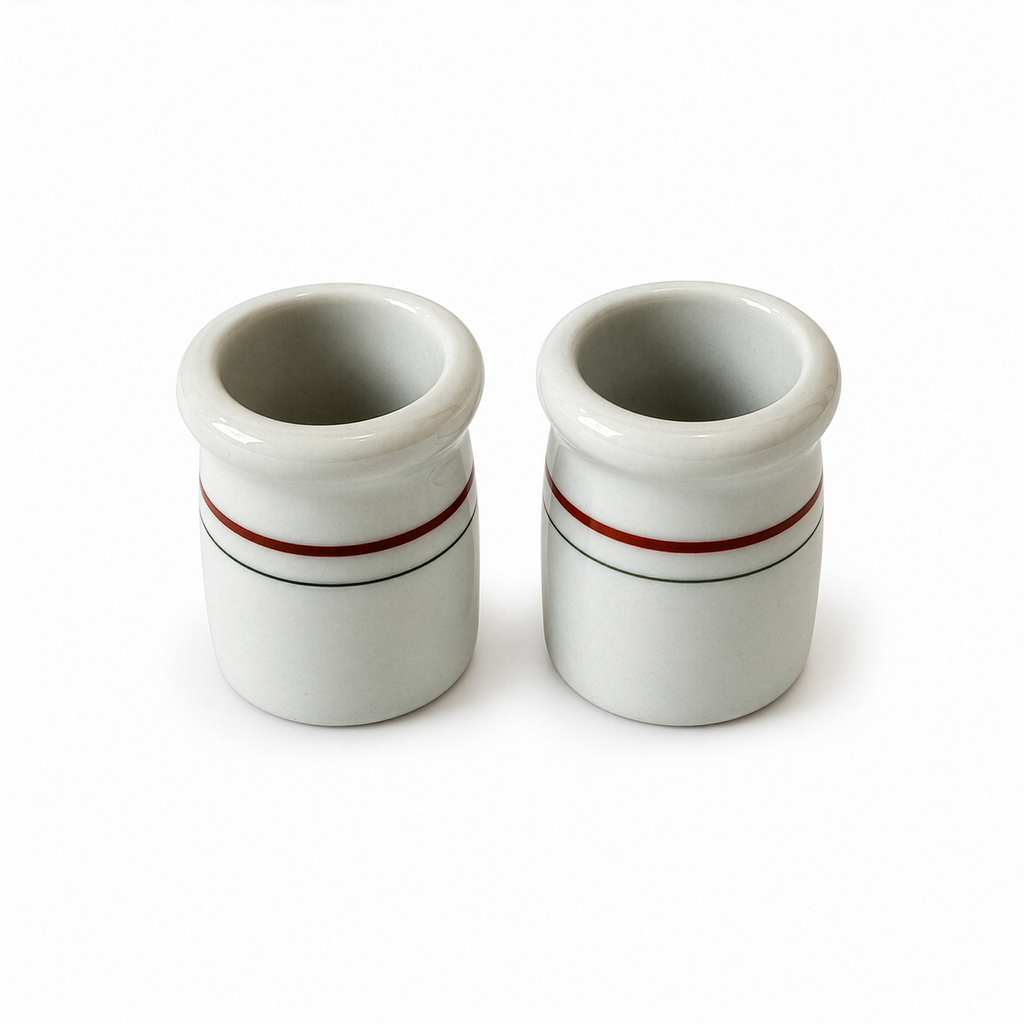 Ten White Handleless Restaurantware Creamers with Bands and Lines