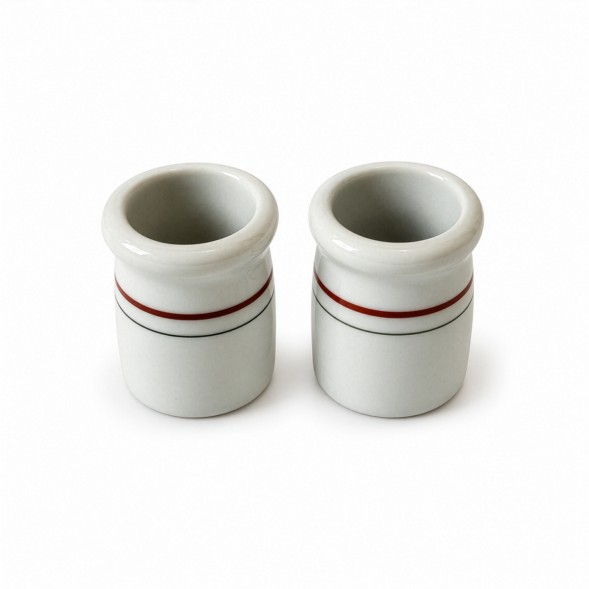 Ten White Handleless Restaurantware Creamers with Bands and Lines