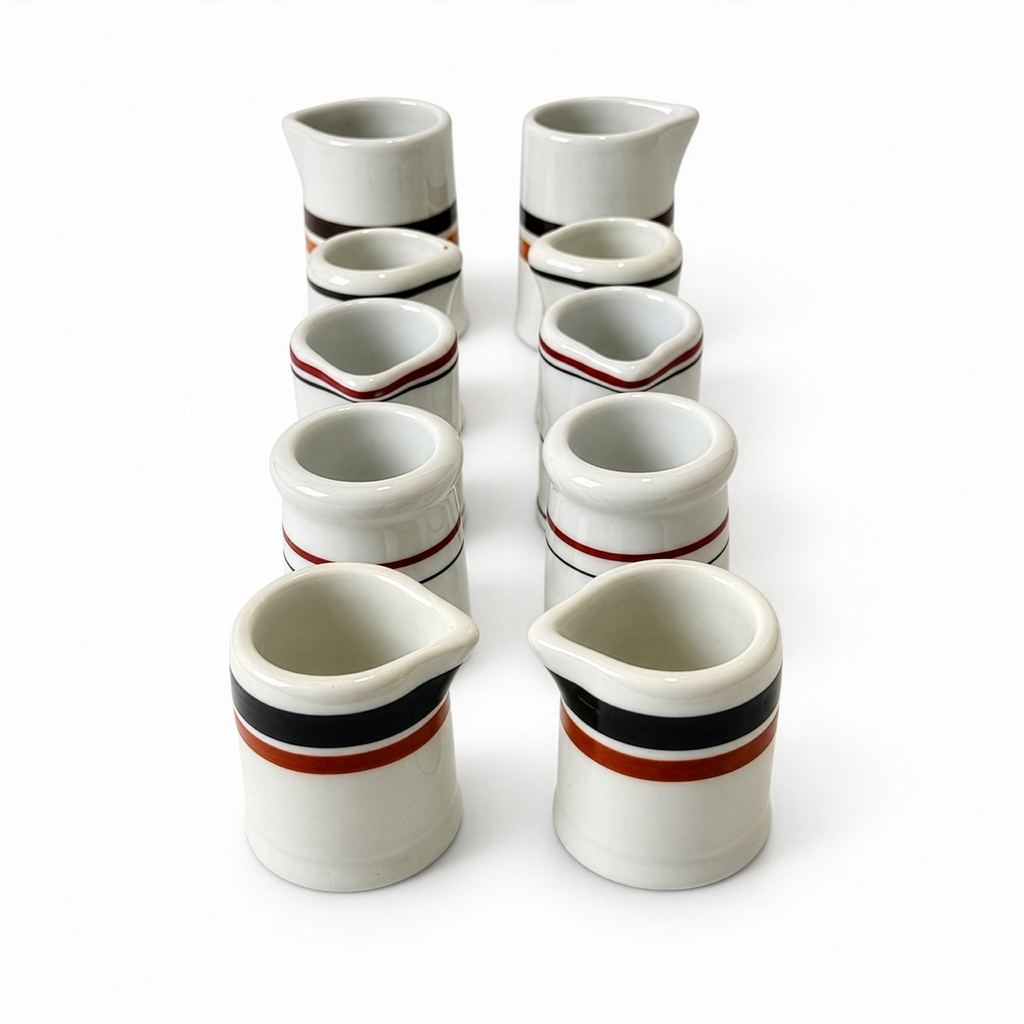 Ten White Handleless Restaurantware Creamers with Bands and Lines
