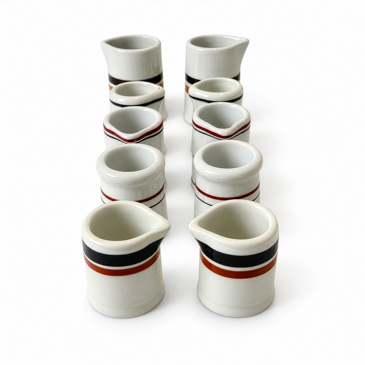 Ten White Handleless Restaurantware Creamers with Bands and Lines