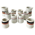 Ten White Handleless Restaurantware Creamers with Bands and Lines