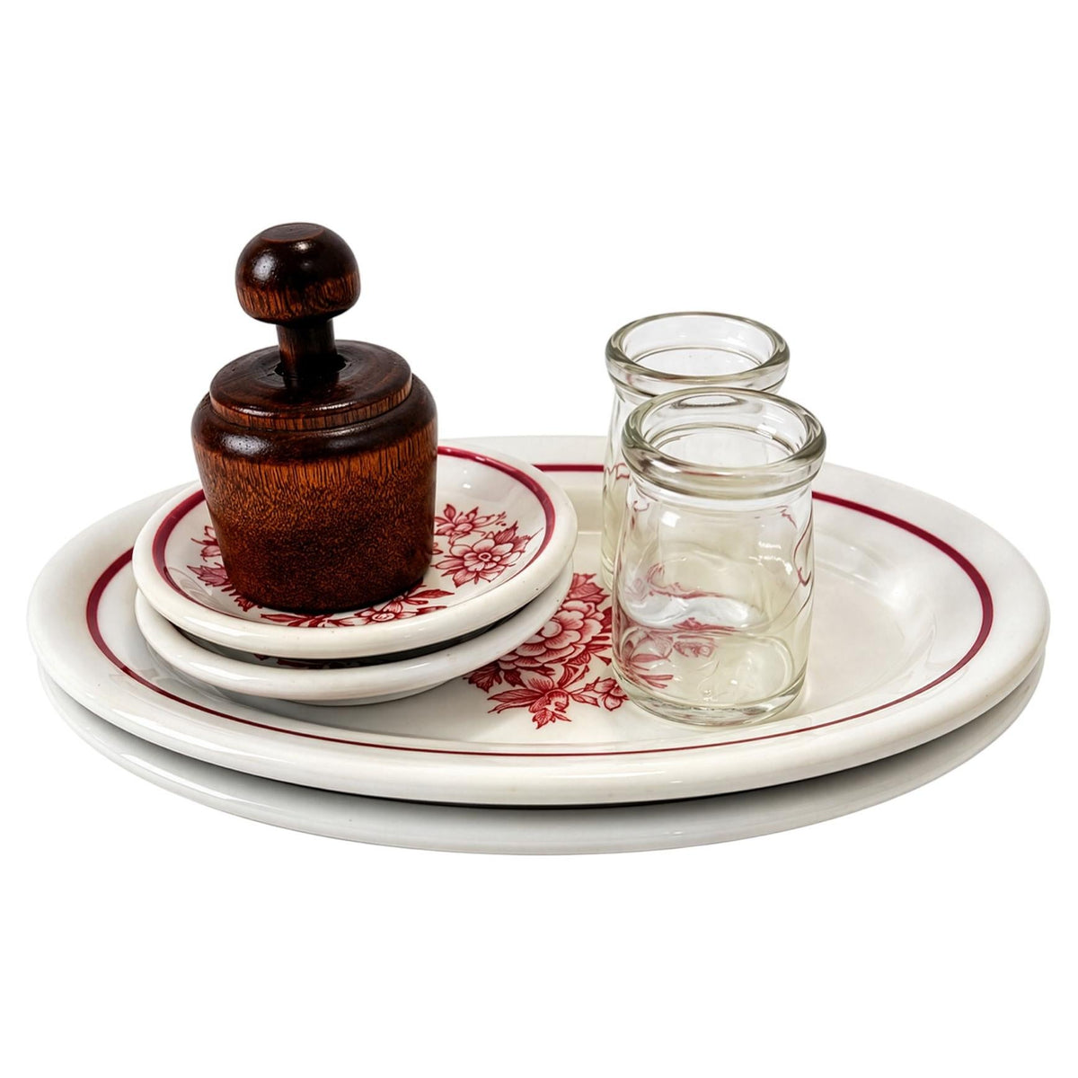 Jackson China Floral Restaurantware Grouping with Glass Creamers and Butter Mold