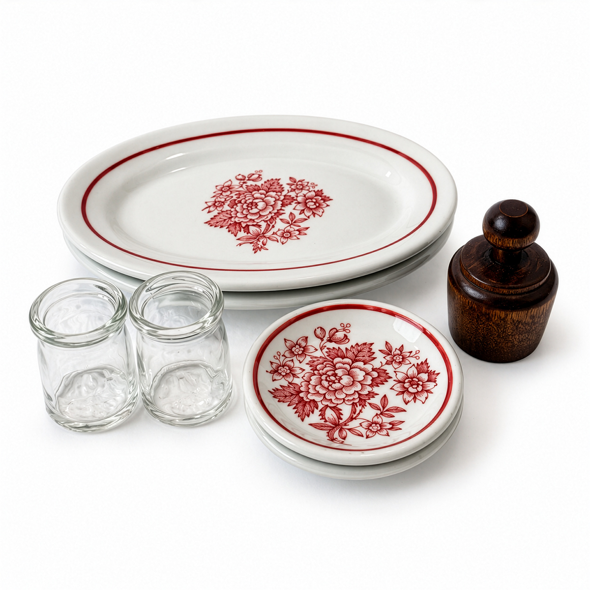 Jackson China Floral Restaurantware Grouping with Glass Creamers and Butter Mold