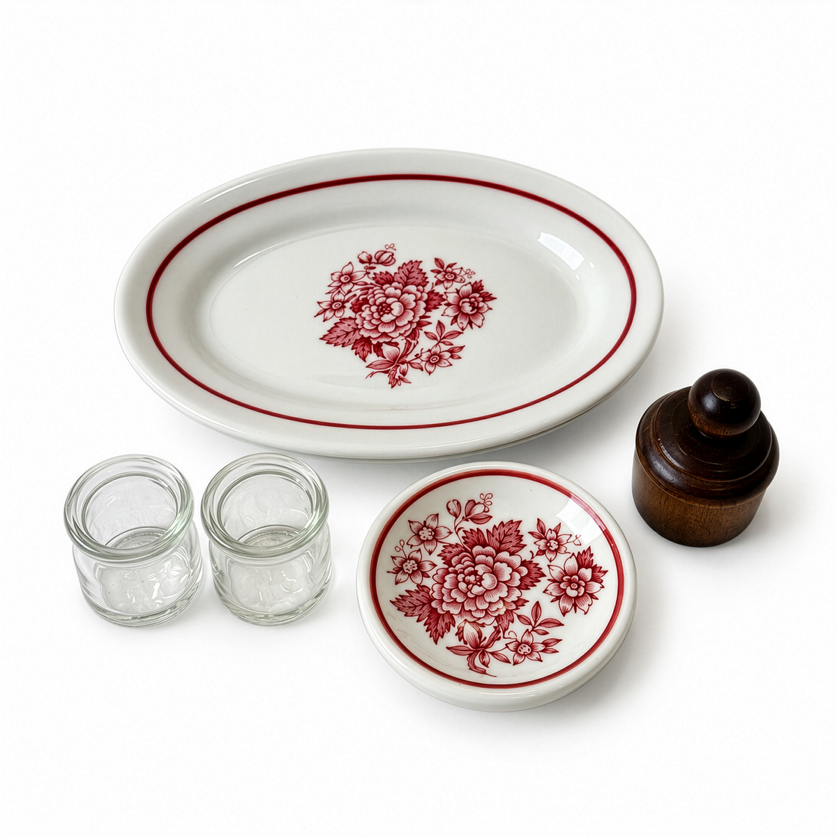 Jackson China Floral Restaurantware Grouping with Glass Creamers and Butter Mold