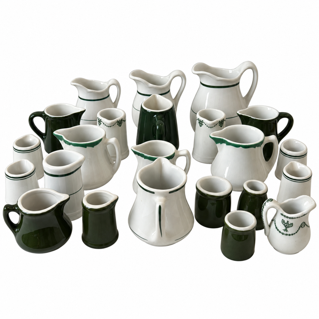 Collection of 24 Green and White Restaurantware Creamers
