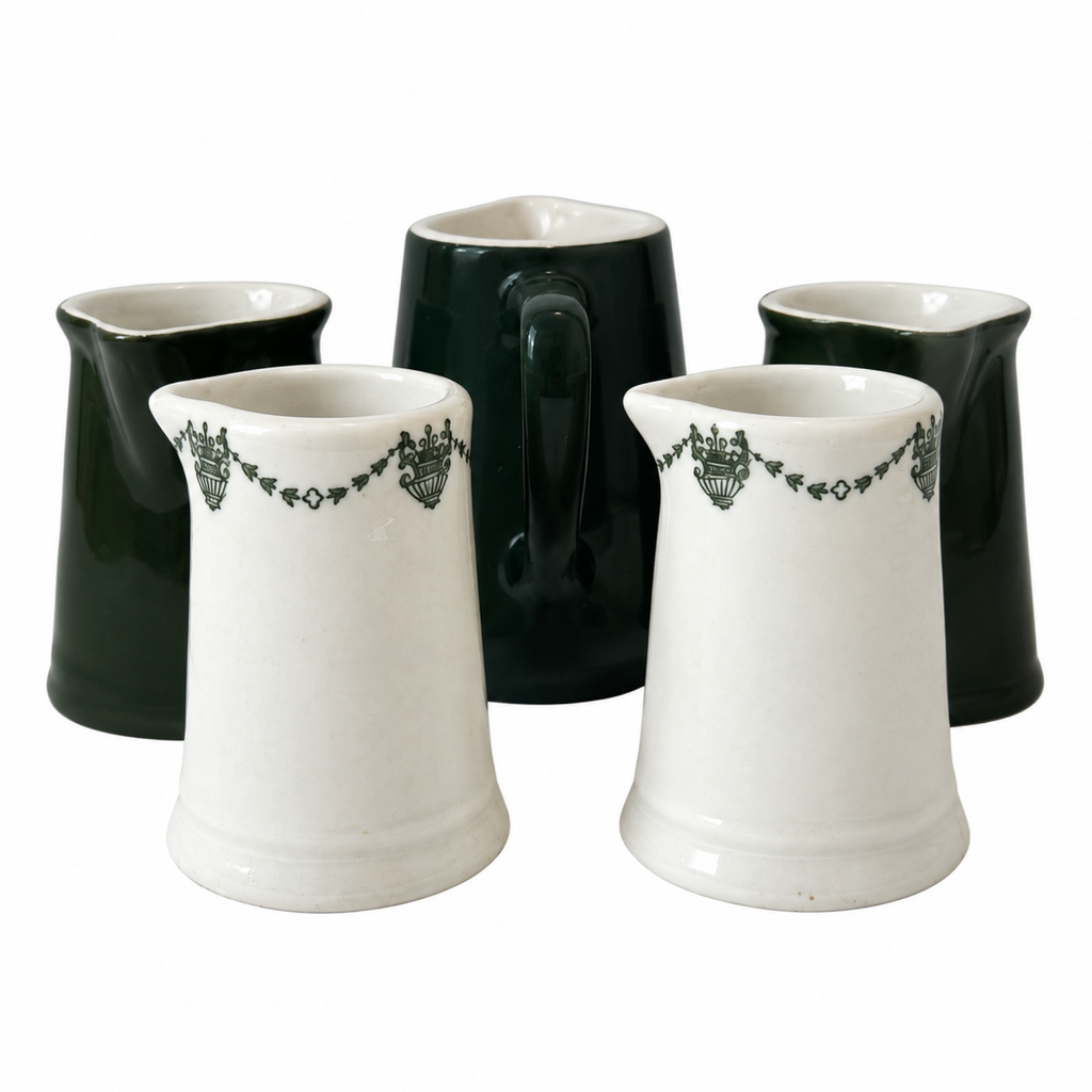 Collection of 24 Green and White Restaurantware Creamers