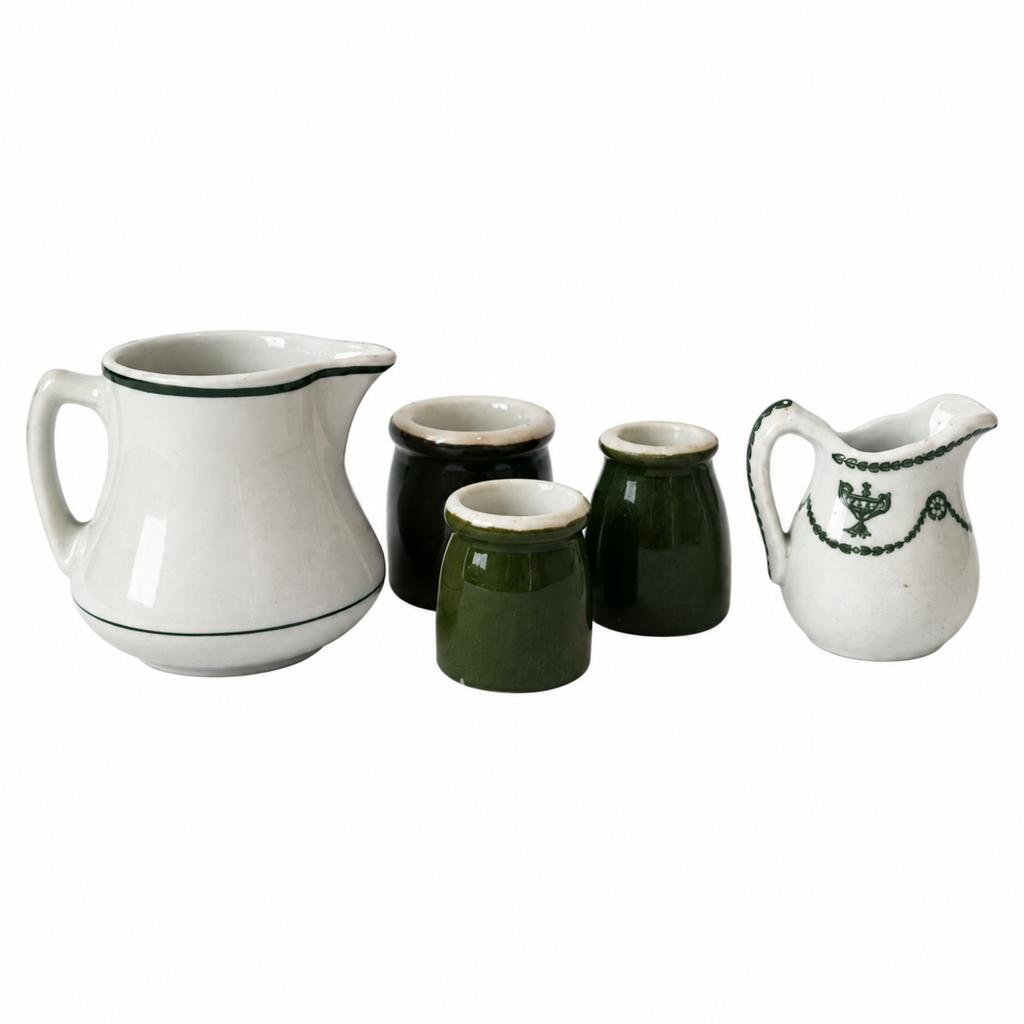 Collection of 24 Green and White Restaurantware Creamers