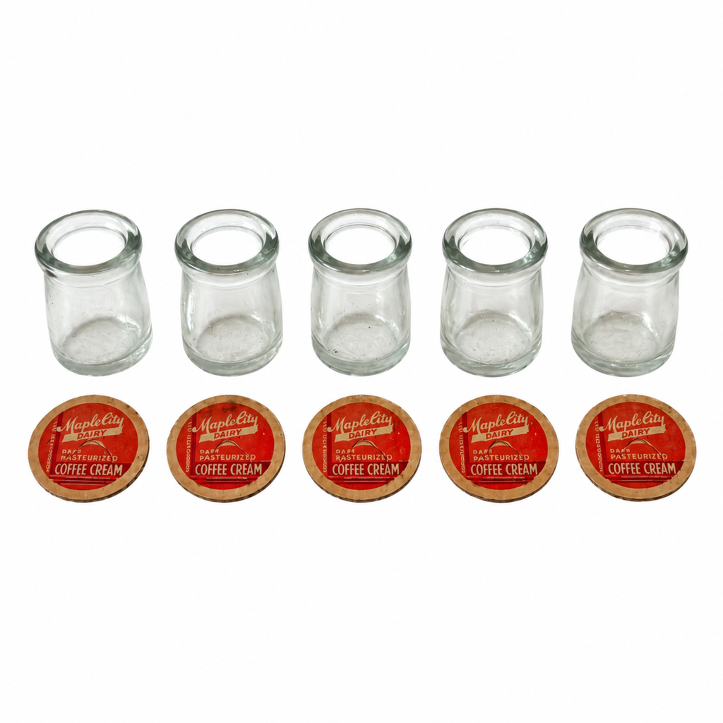 Collection of 27 Clear Glass Creamers with Maple City Dairy Caps