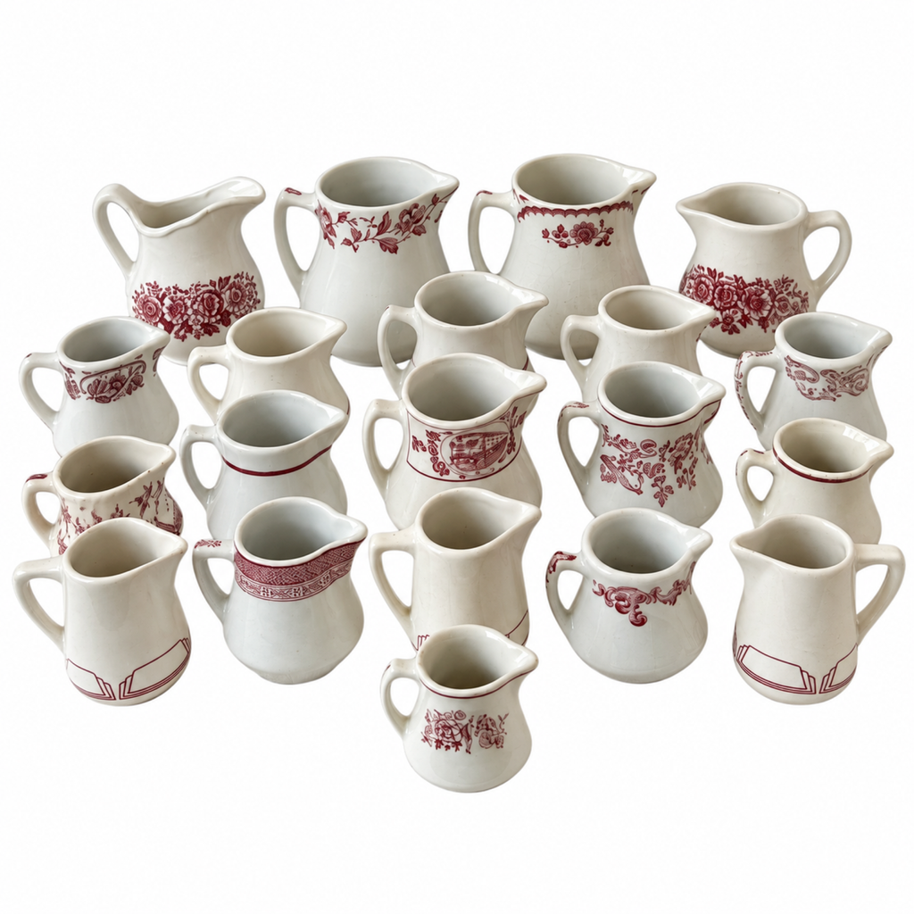 Collection of 20 White and Red Ceramic Restaurantware Creamers