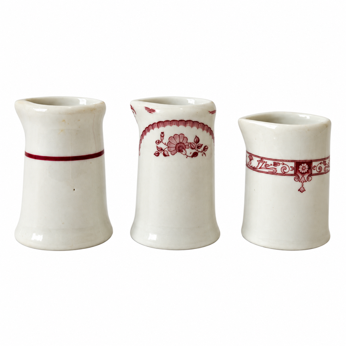 Collection of 19 Handleless Restaurantware Creamers in White and Red