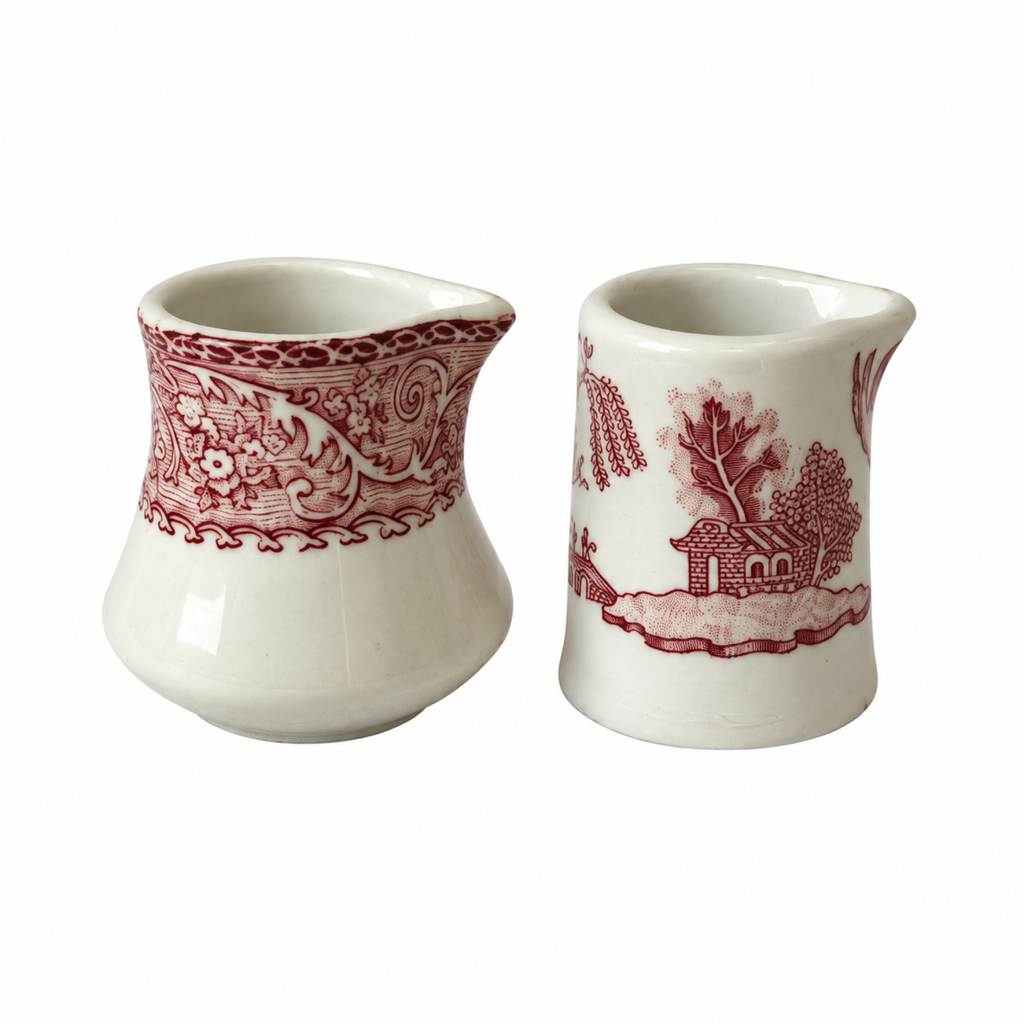 Collection of 19 Handleless Restaurantware Creamers in White and Red