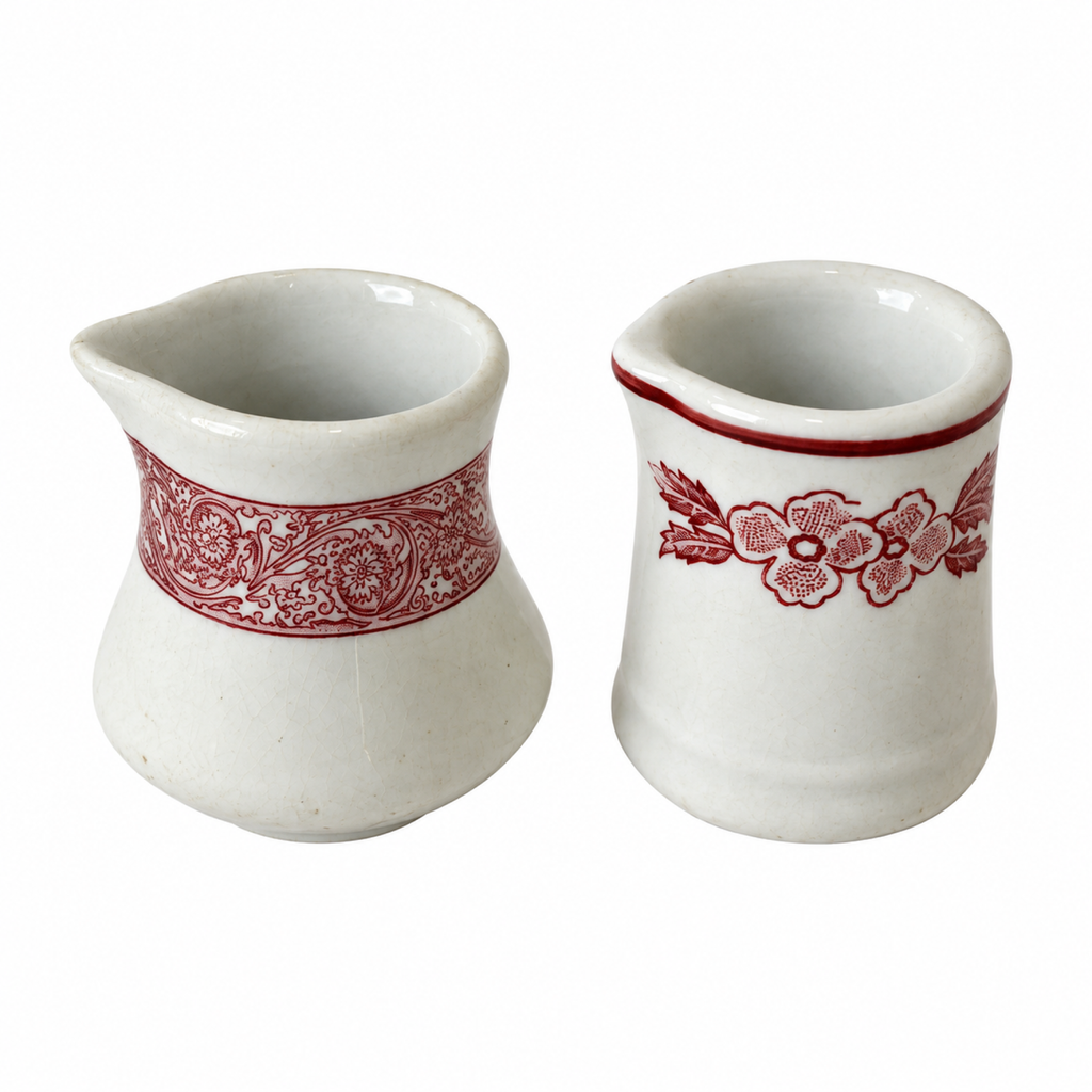 Collection of 19 Handleless Restaurantware Creamers in White and Red