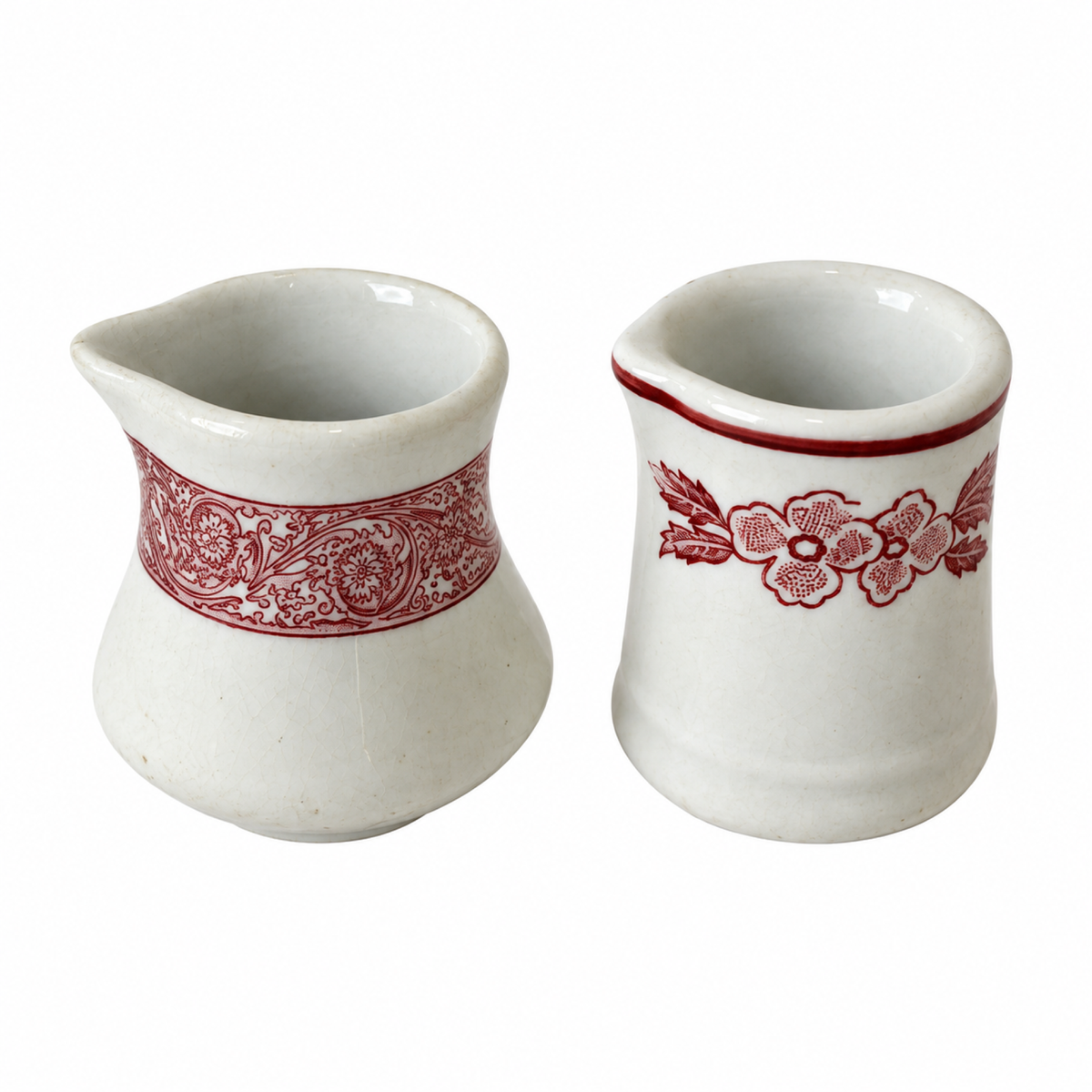 Collection of 19 Handleless Restaurantware Creamers in White and Red
