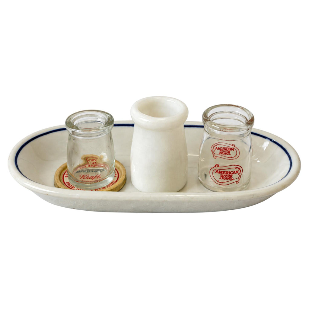 Vintage Five-Piece Serveware Set, Glass Creamers, Oval Plate, 1950