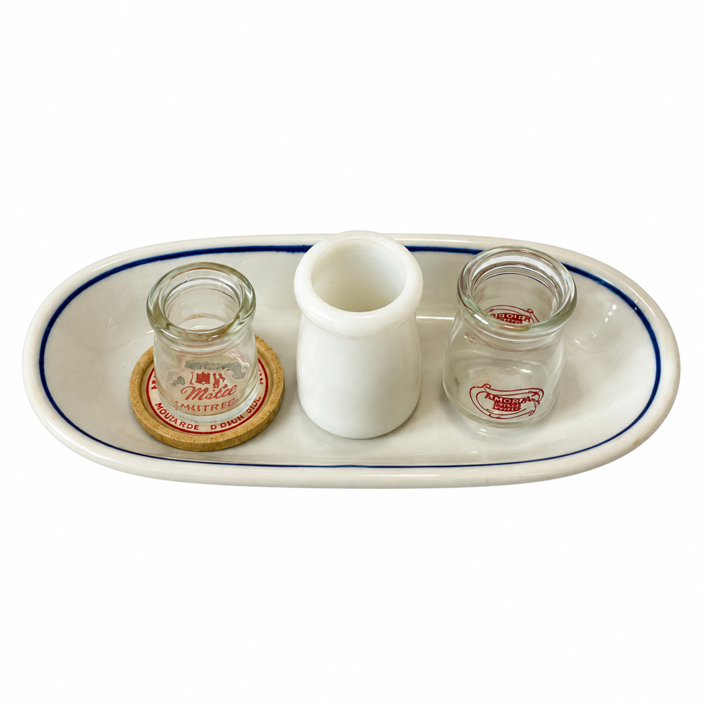 Vintage Five-Piece Serveware Set, Glass Creamers, Oval Plate, 1950