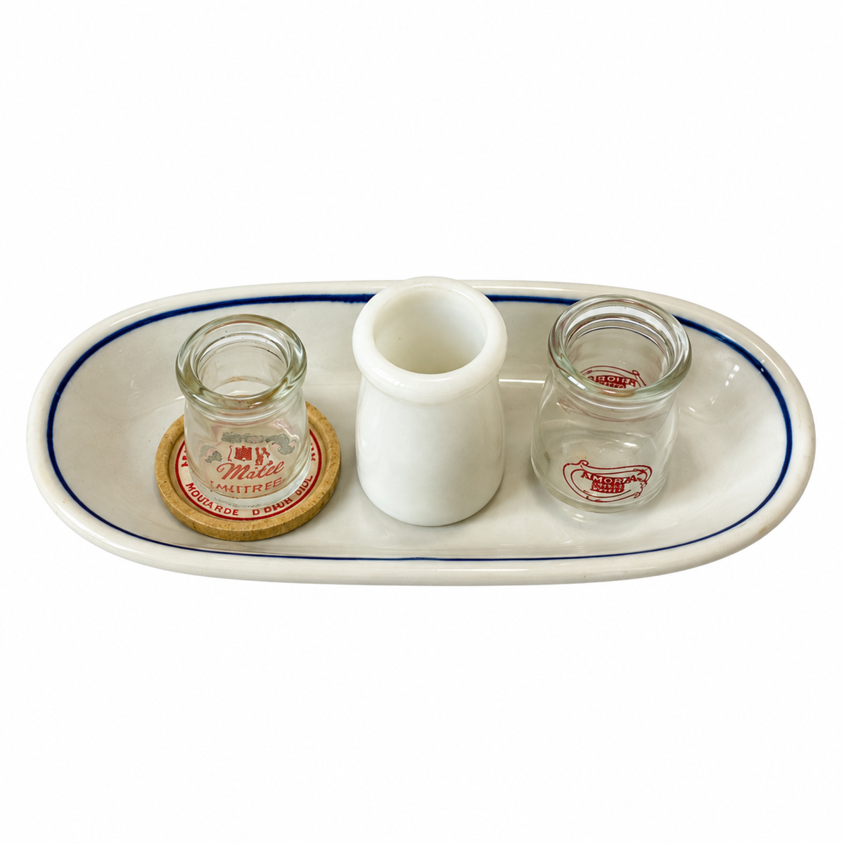 Vintage Five-Piece Serveware Set, Glass Creamers, Oval Plate, 1950