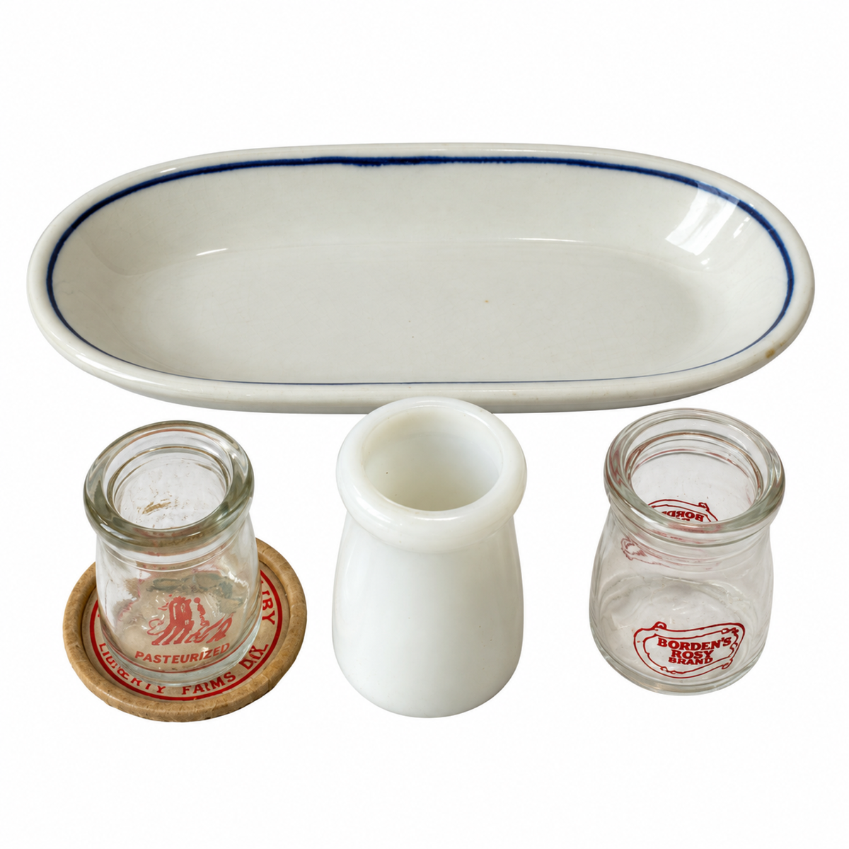 Vintage Five-Piece Serveware Set, Glass Creamers, Oval Plate, 1950
