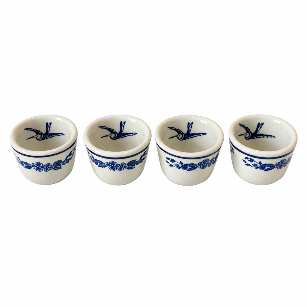 Set of Four Vintage Jackson China Hummingbird Blue and White Restaurantware Cups