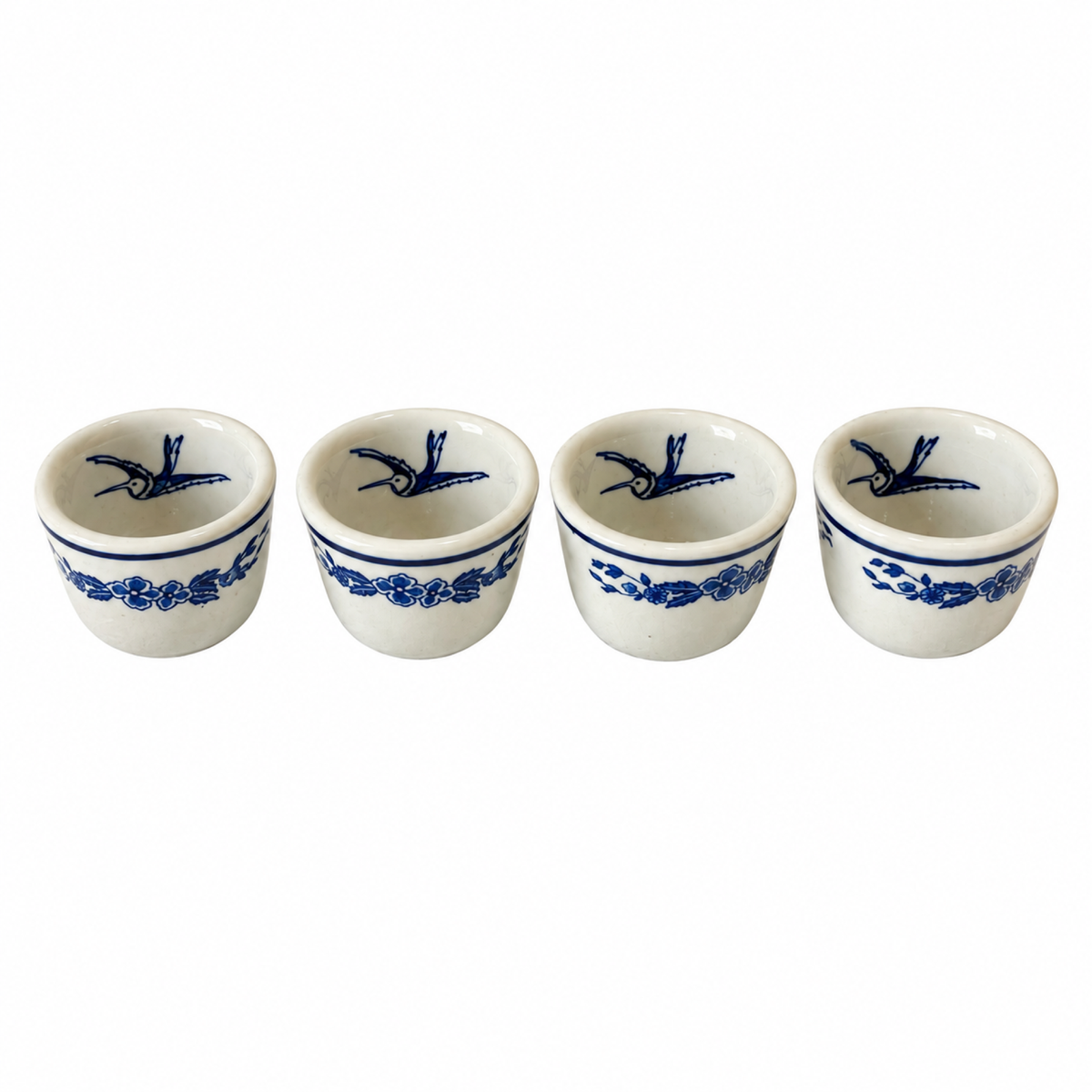 Set of Four Vintage Jackson China Hummingbird Blue and White Restaurantware Cups