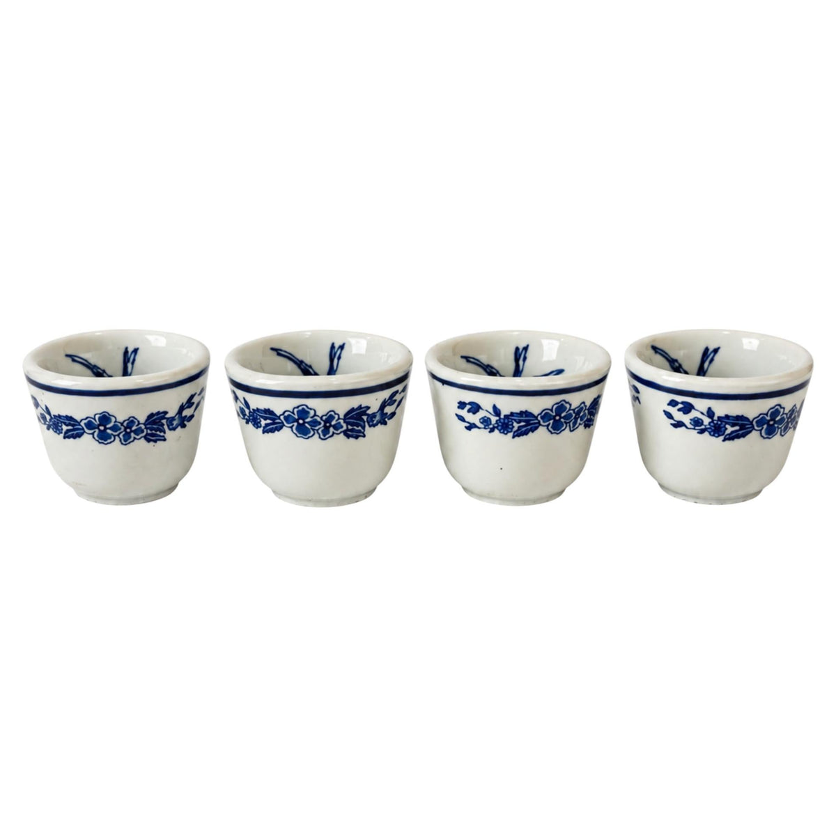 Set of Four Vintage Jackson China Hummingbird Blue and White Restaurantware Cups