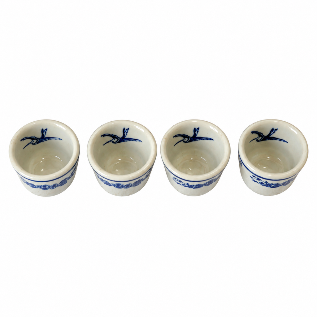 Set of Four Vintage Jackson China Hummingbird Blue and White Restaurantware Cups