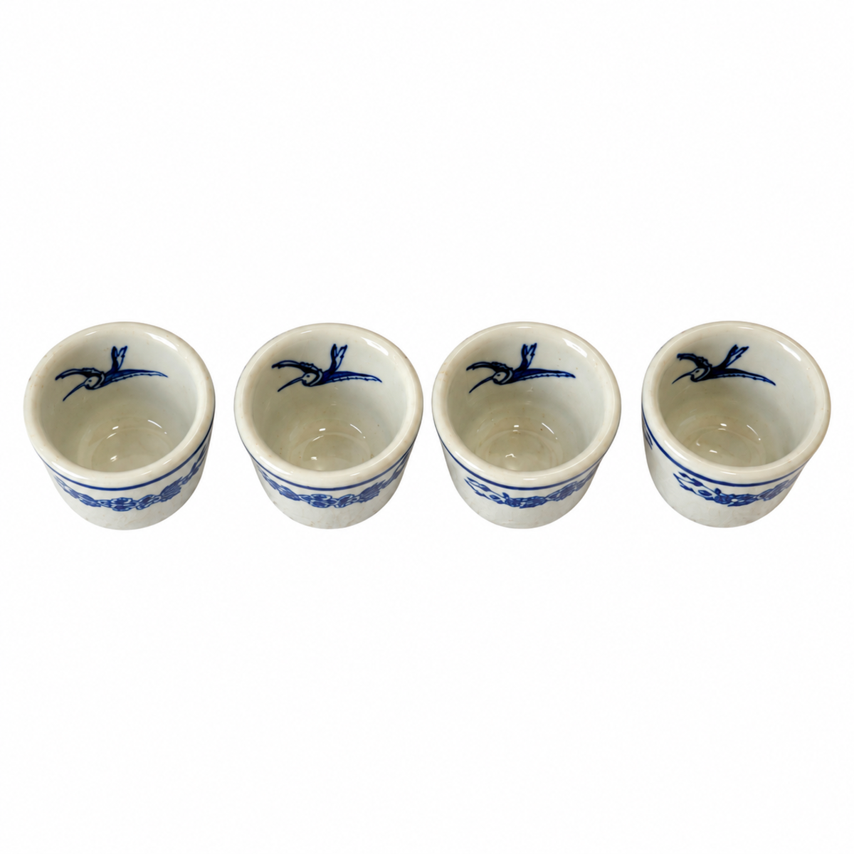 Set of Four Vintage Jackson China Hummingbird Blue and White Restaurantware Cups