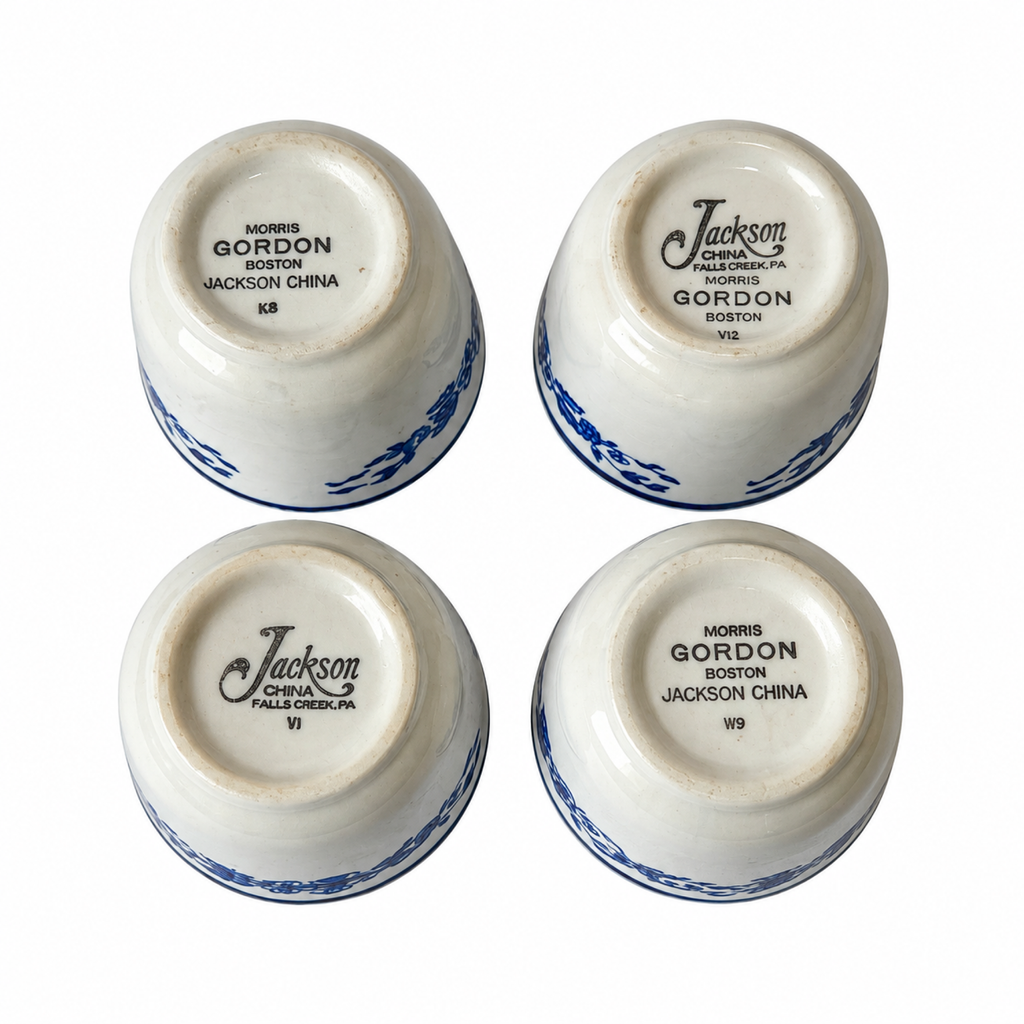 Set of Four Vintage Jackson China Hummingbird Blue and White Restaurantware Cups