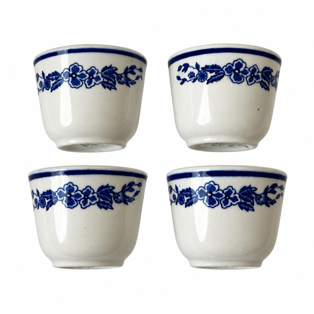 Set of Four Vintage Jackson China Hummingbird Blue and White Restaurantware Cups