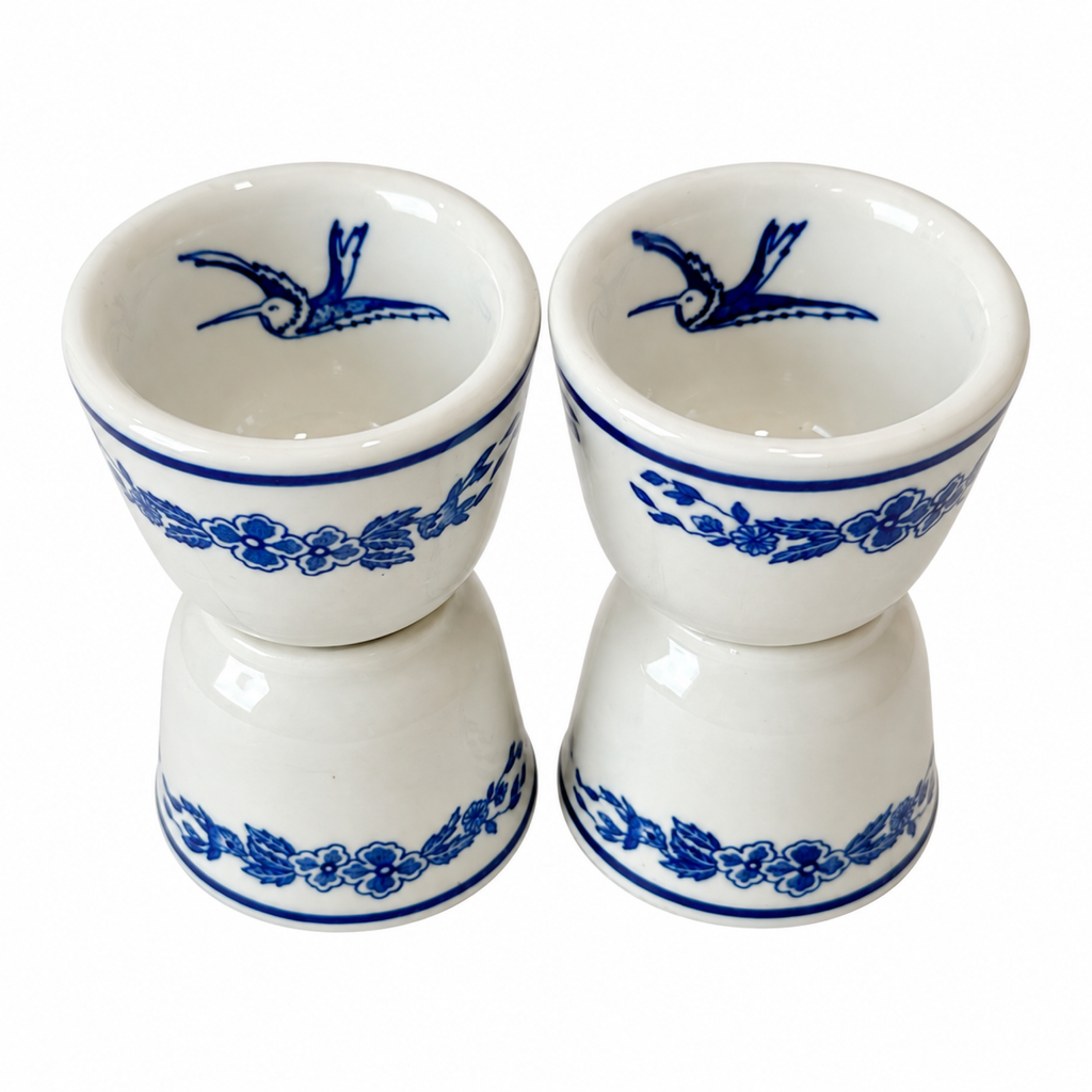 Set of Four Vintage Jackson China Hummingbird Blue and White Restaurantware Cups