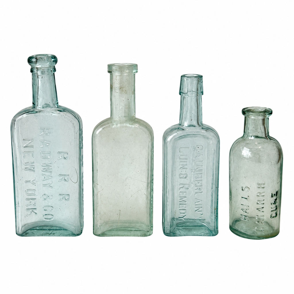 Set of Four Antique American Medicine Bottles in Aqua Glass