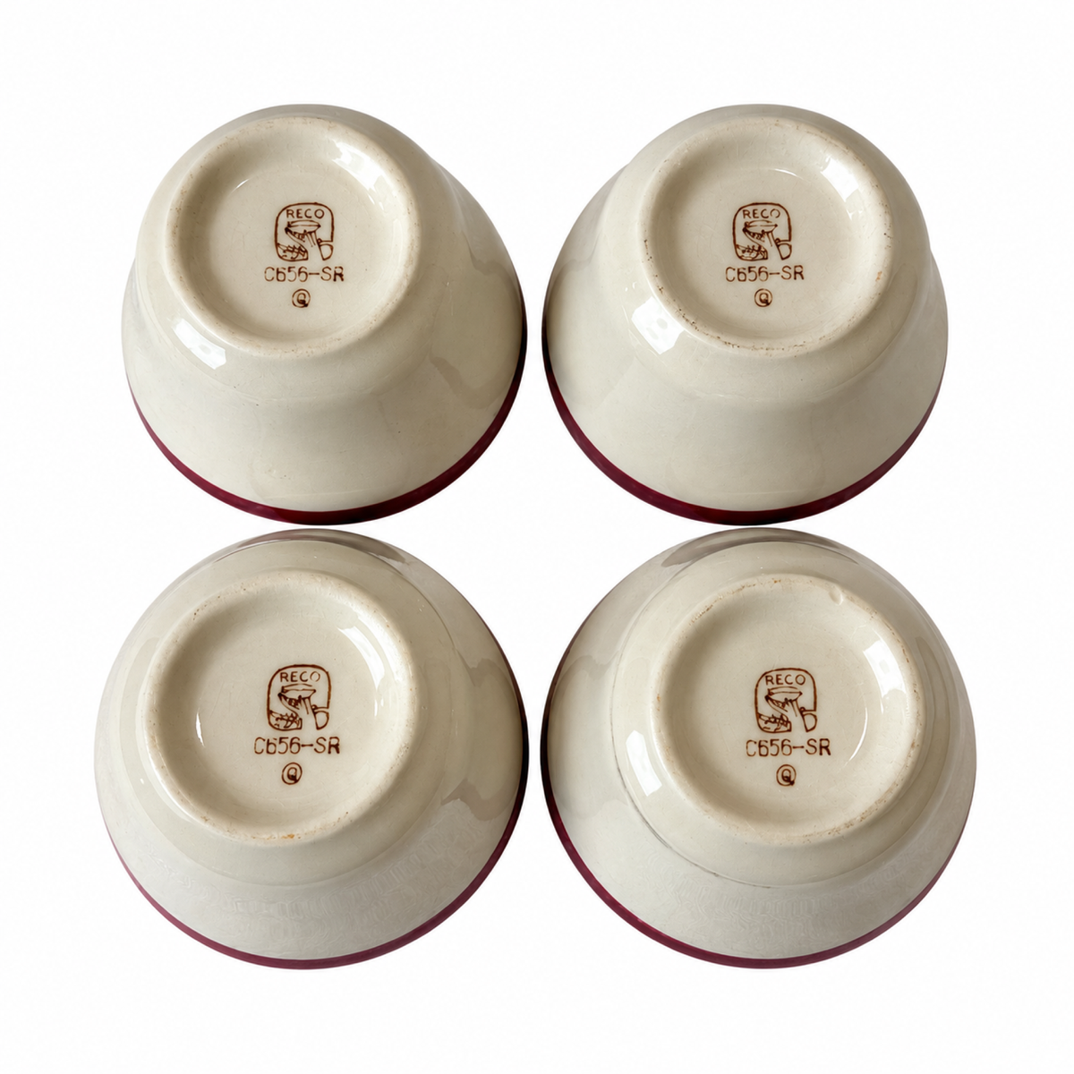 Set of Four REGO White Bowls with Burgundy Rims, Restaurantware