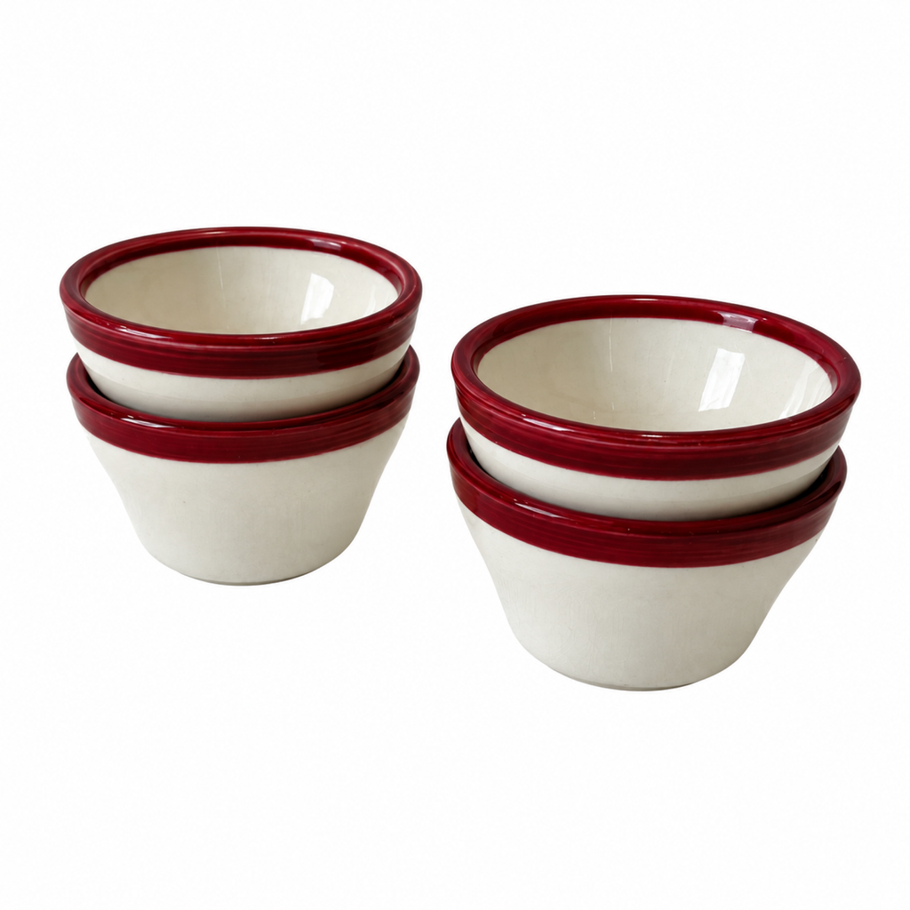 Set of Four REGO White Bowls with Burgundy Rims, Restaurantware