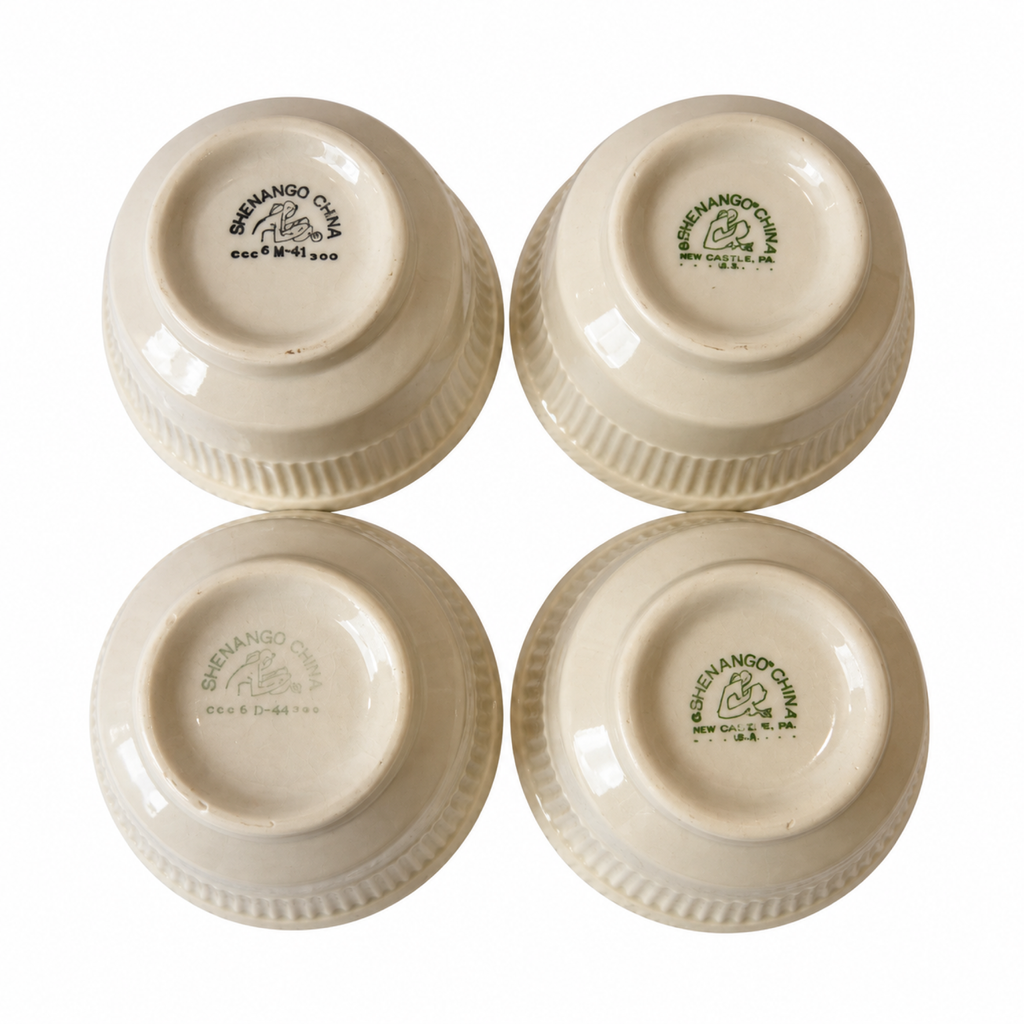 Set of Four Shenango China Custard Cups, Off-White Ribbed Design, 1950