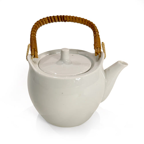 White Ceramic Teapots with Rattan Handles