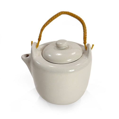 White Ceramic Teapots with Rattan Handles