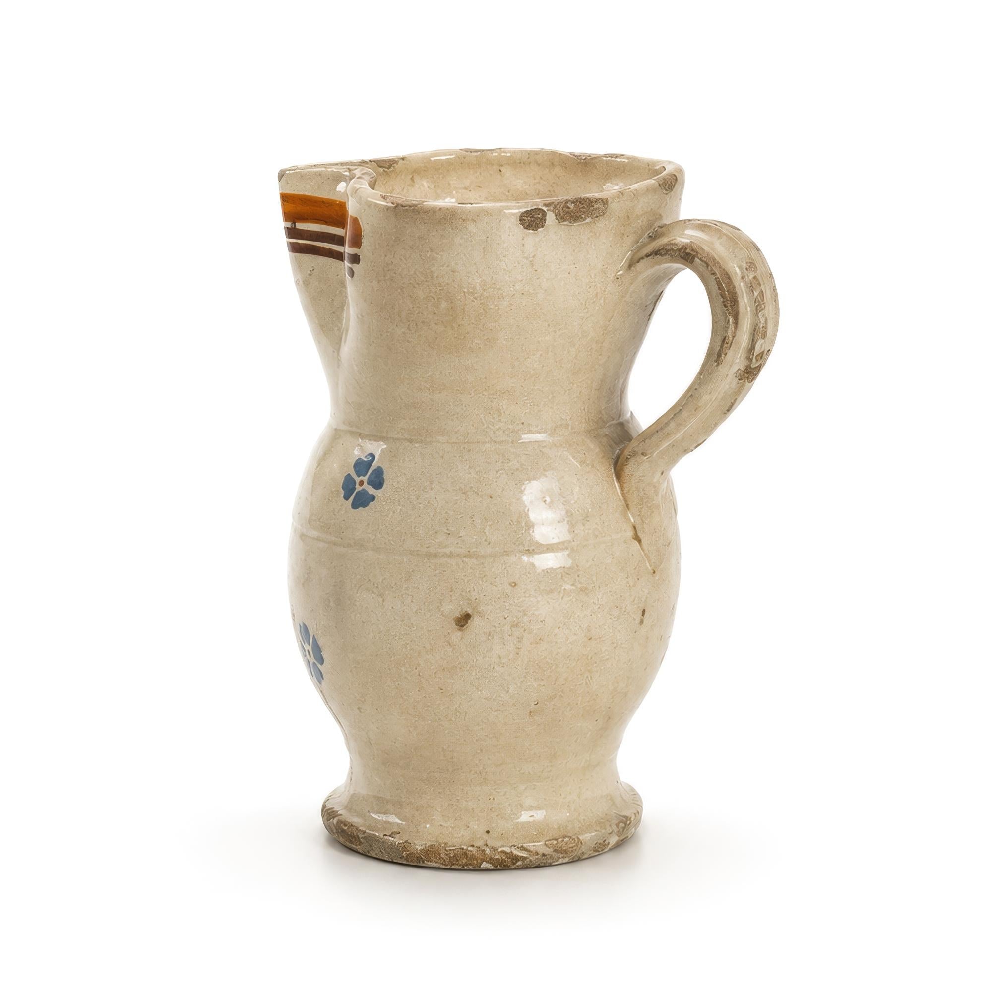 Hand-Painted Ceramic Jug, Southern Italian Folk Art, Distressed Finish