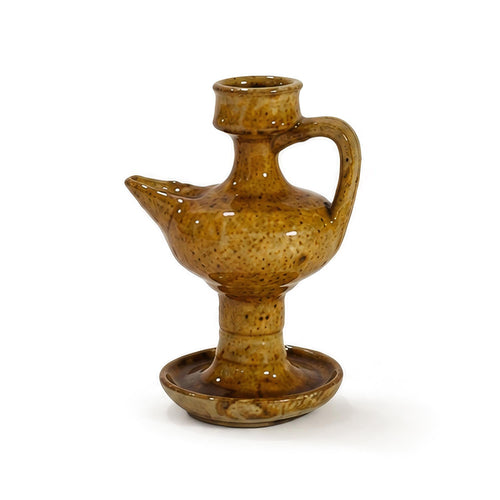 Antique Glazed Ceramic Oil Lamp, Ochre Finish, Southern Italy, 1880 — image 2