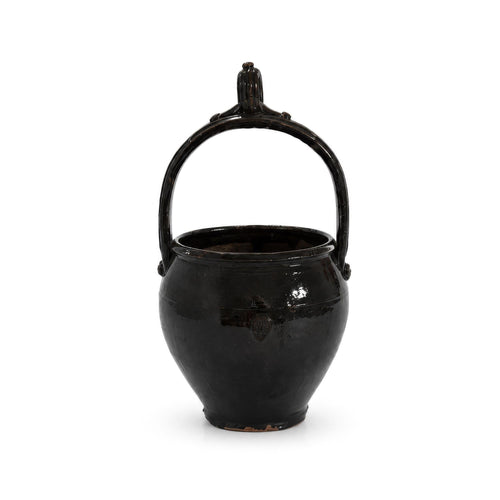 19th Century Puglian Black Glazed Terracotta Brazier with Arched Handle — image 2