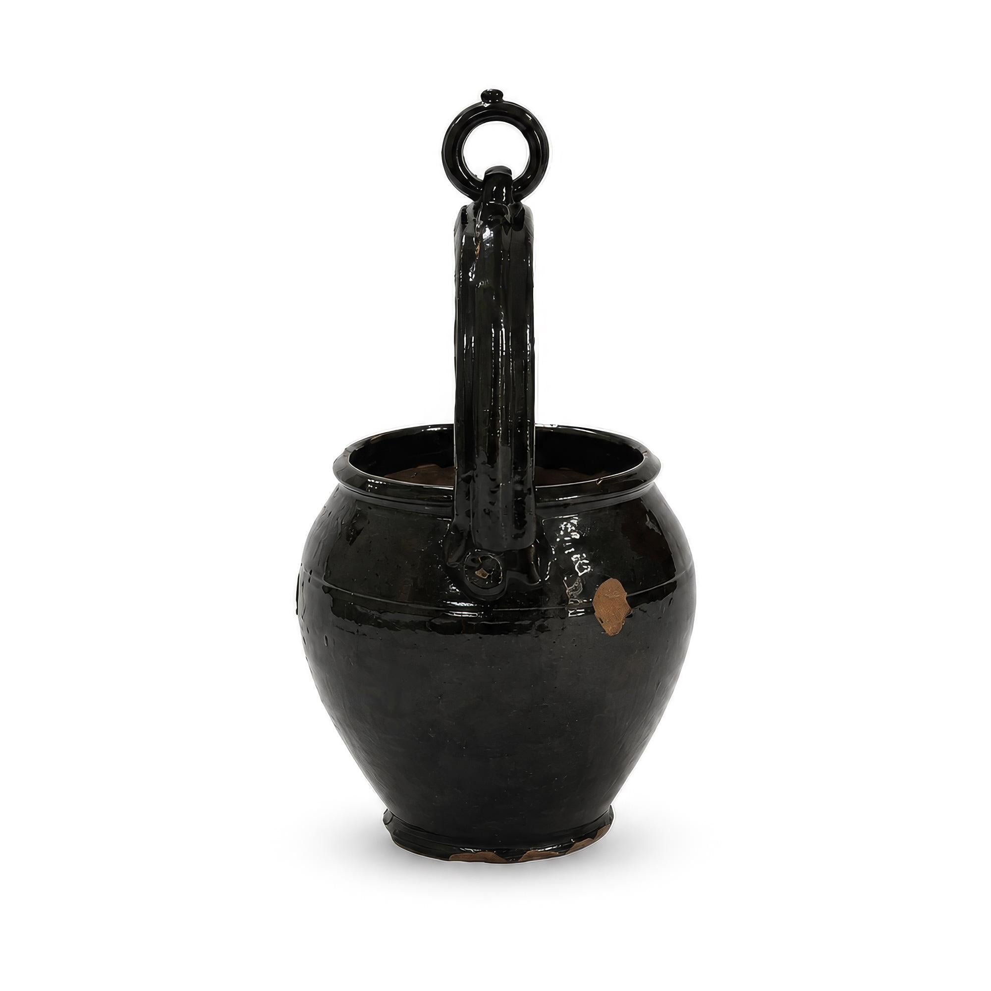 19th Century Puglian Black Glazed Terracotta Brazier with Arched Handle — image 3