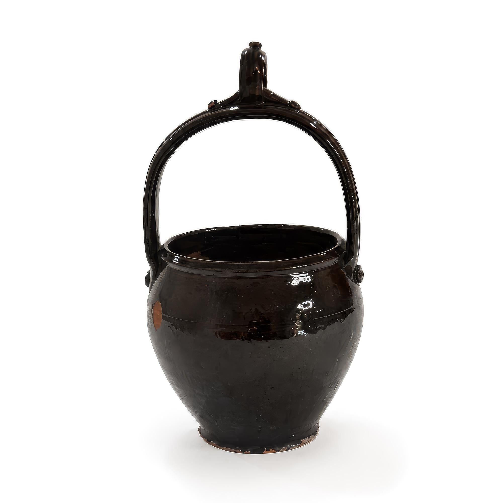 19th Century Puglian Black Glazed Terracotta Brazier with Arched Handle — image 4