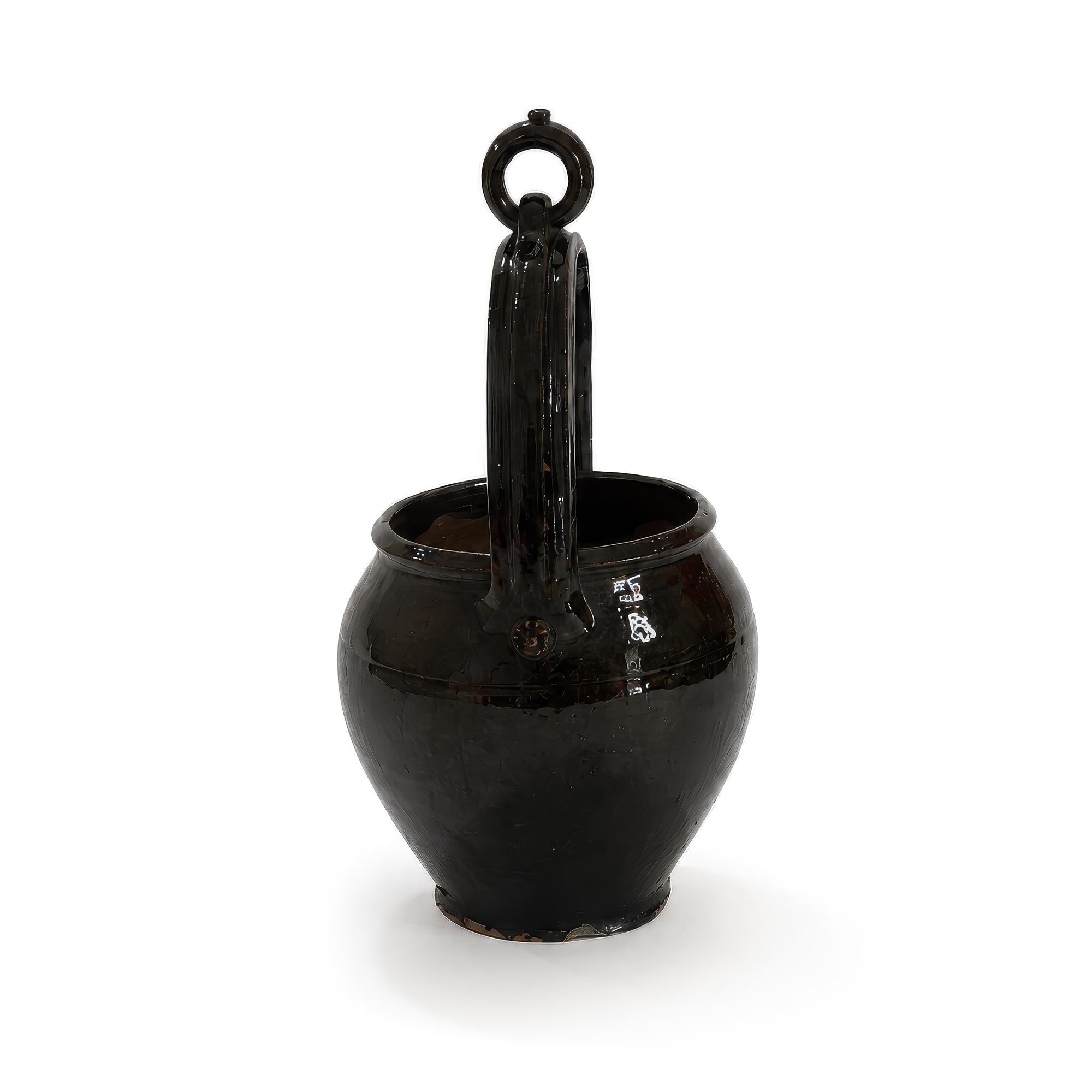 19th Century Puglian Black Glazed Terracotta Brazier with Arched Handle — image 5