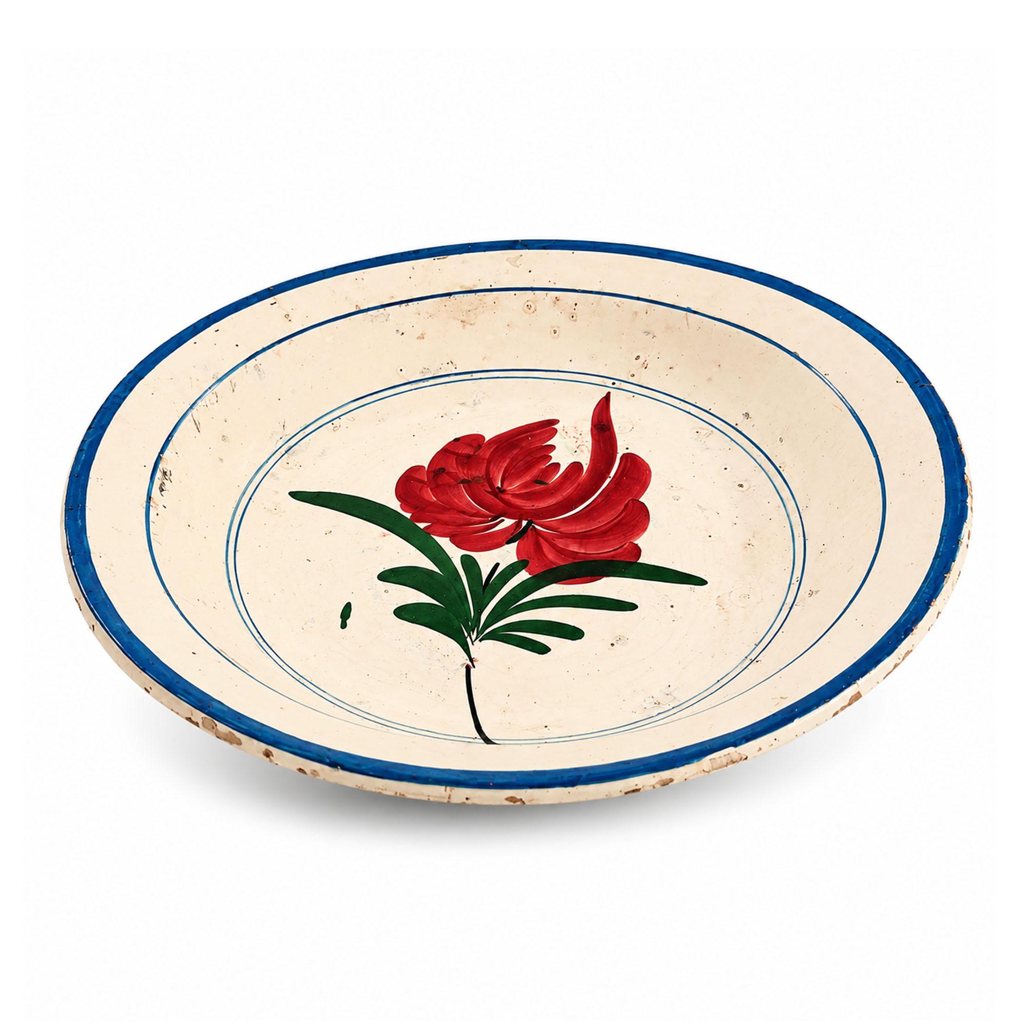 19th Century Puglian Large Glazed Terracotta Serving Platter with Hand-Painted R — image 2