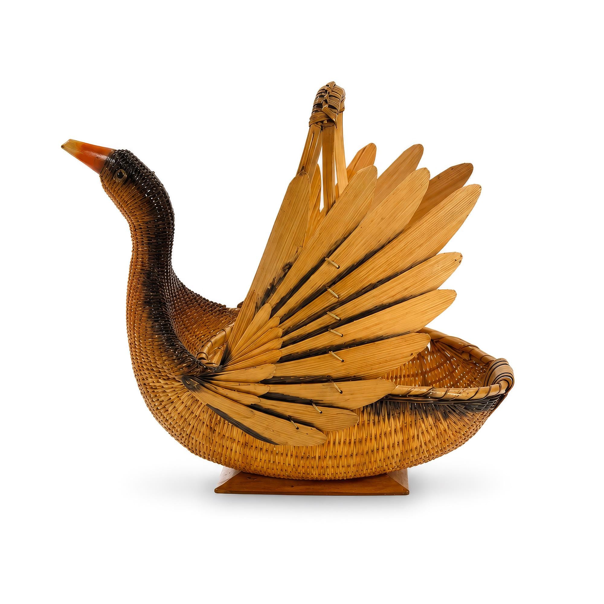 Vintage Chinese Handwoven Wicker Swan Basket, Mid 20th Century — image 4