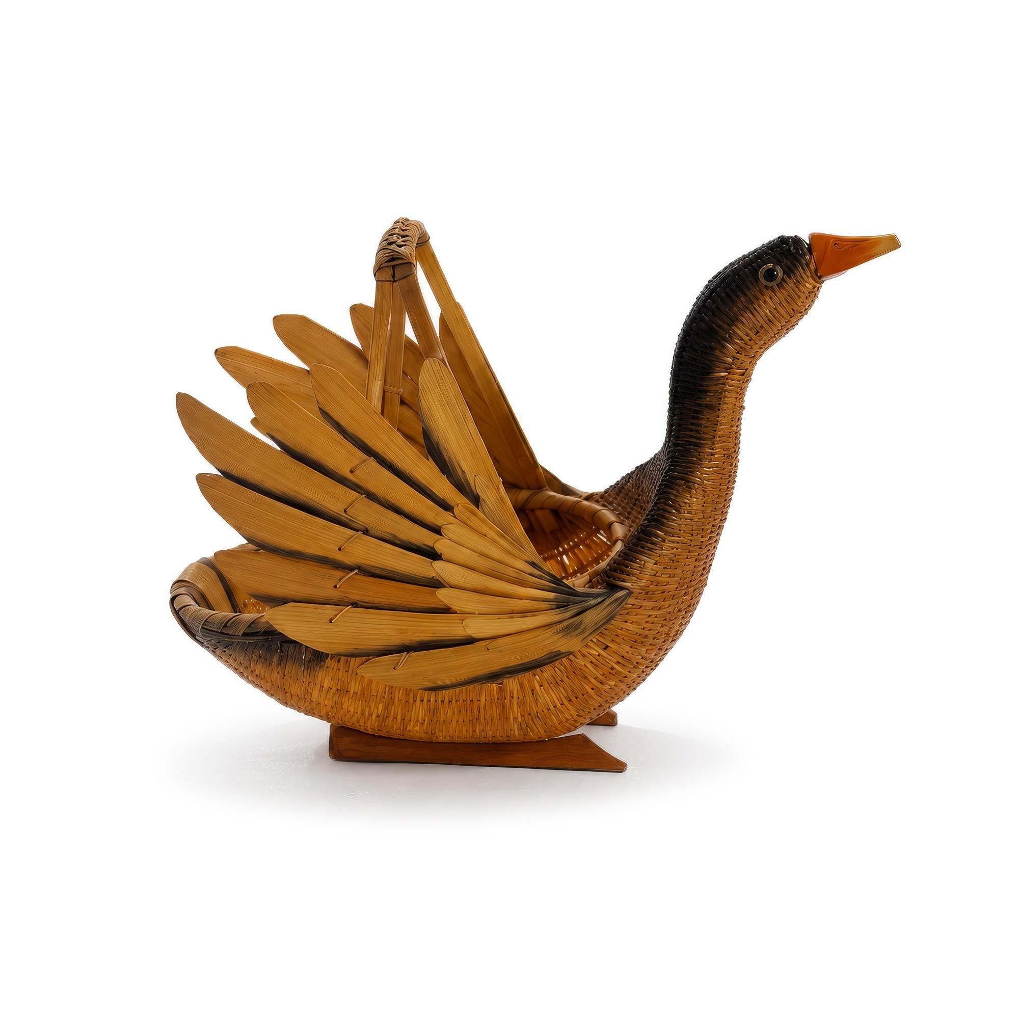 Vintage Handwoven Wicker Swan Basket - Reed and Rattan Design — image 2