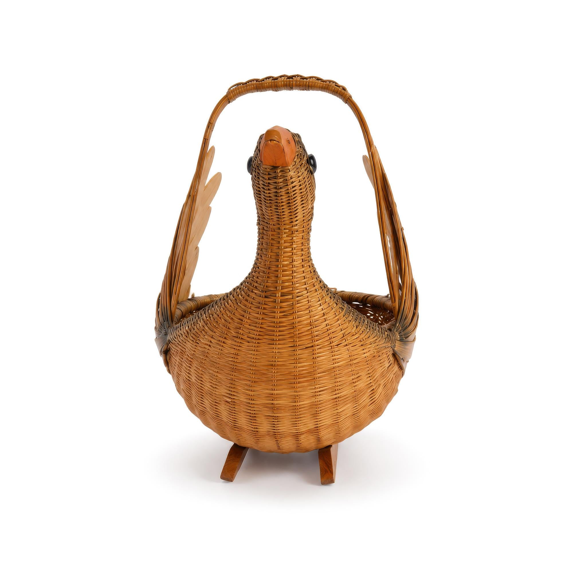 Vintage Handwoven Wicker Swan Basket - Reed and Rattan Design — image 6