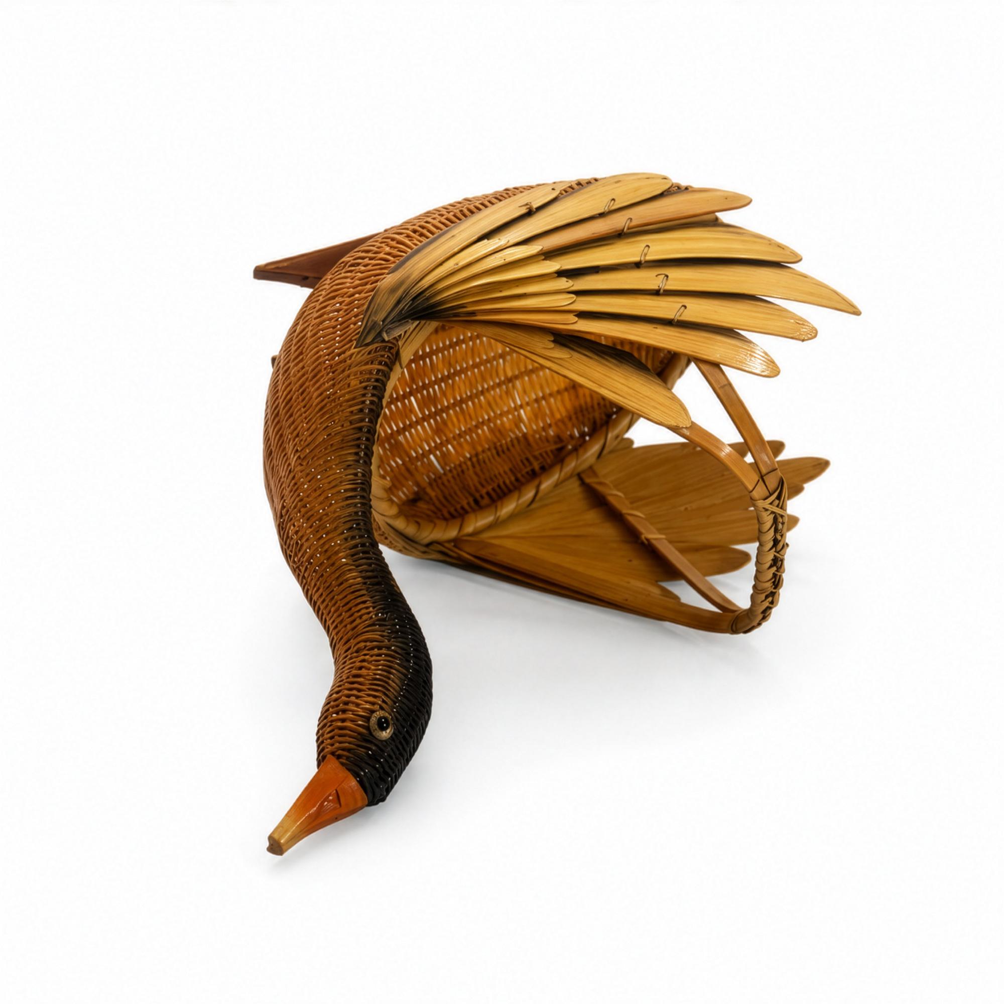 Vintage Handwoven Wicker Swan Basket - Reed and Rattan Design — image 8