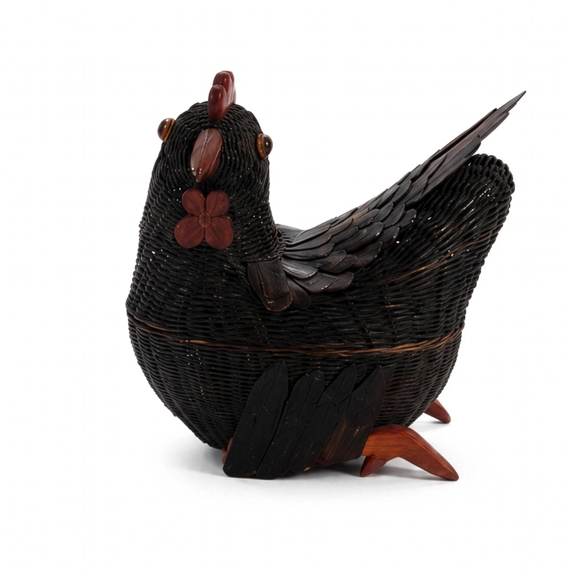 1970s Vintage Chinese Wicker Chicken Basket with Lid, Bamboo & Rattan — image 2