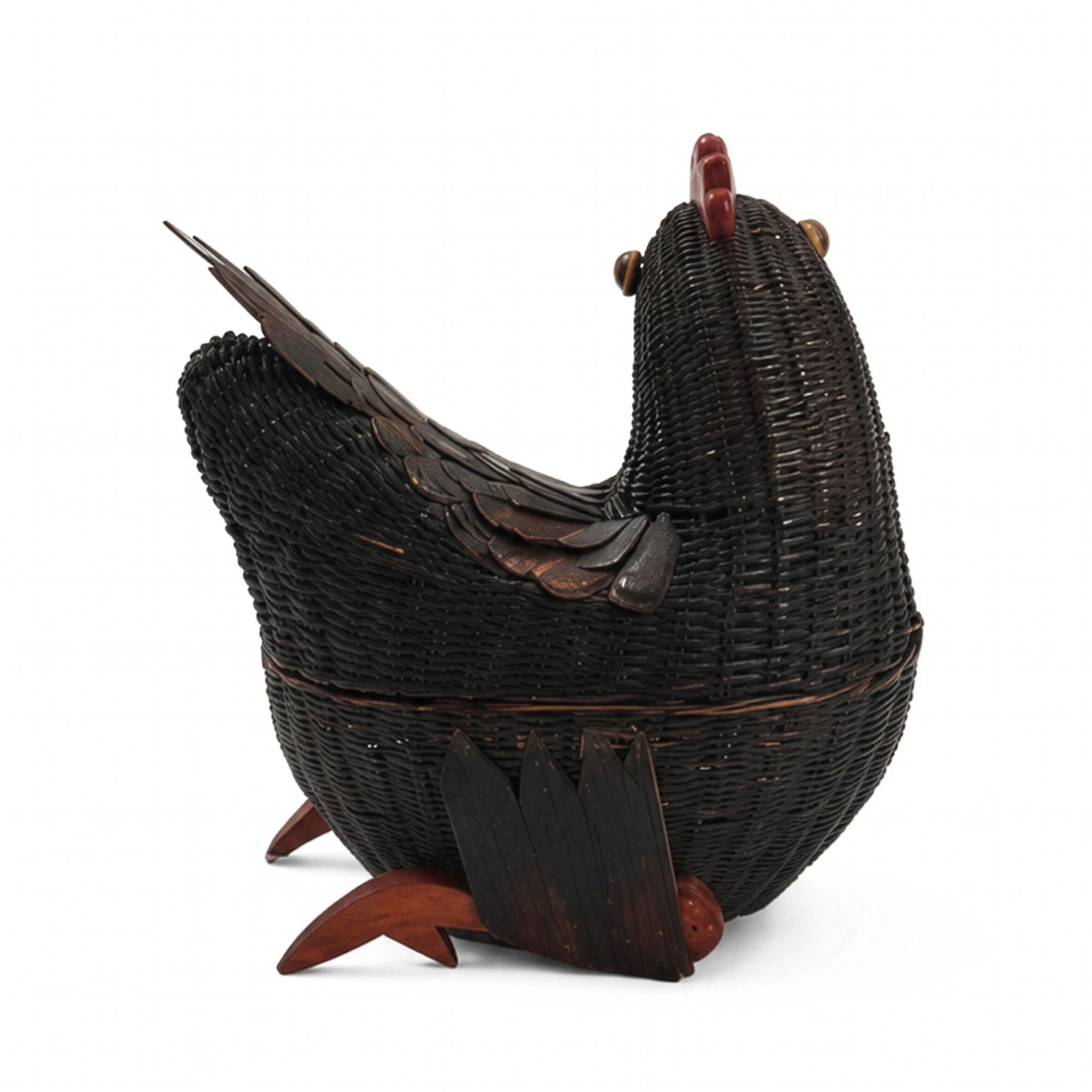 1970s Vintage Chinese Wicker Chicken Basket with Lid, Bamboo & Rattan — image 4
